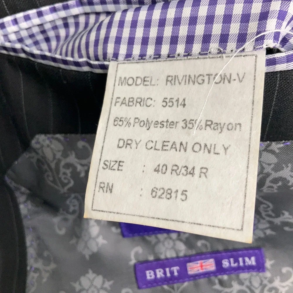 Savile Row Suit Mens 40R 34R Charcoal Gray Pinstripe Rivington-V Slim Fit London